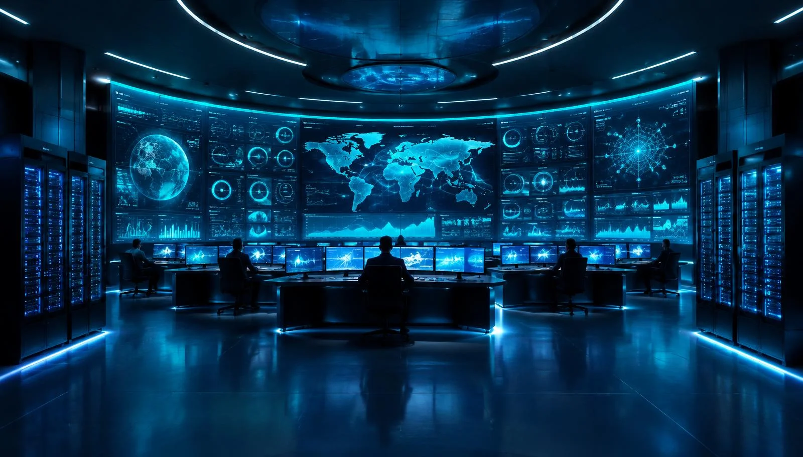 Centro de operações de rede (NOC) com painéis de monitoramento de ambientes críticos